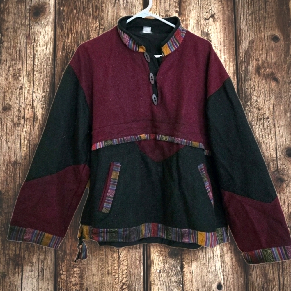 Nepalese Wool Pullover Jacket Cotton Lined Burgundy Tribal Cozy Winter Forest /M